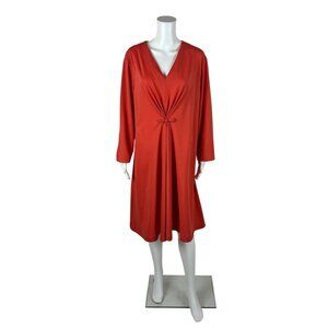 Vintage 70s Cocktail Dress Womens 2X Orange Polyester Knot Detail Volup V Neck